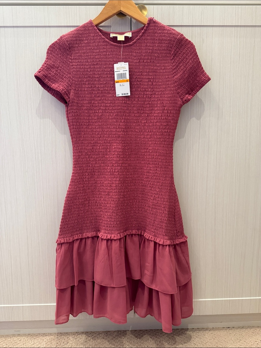 Michael Kors Smocked Short-Sleeve Mini Dress in Berry